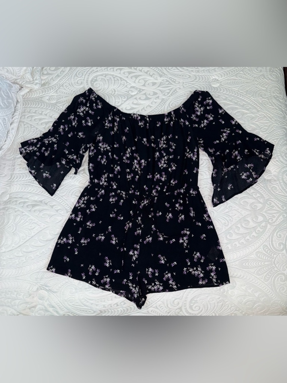 Express Black Romper with Lavender Floral Accents